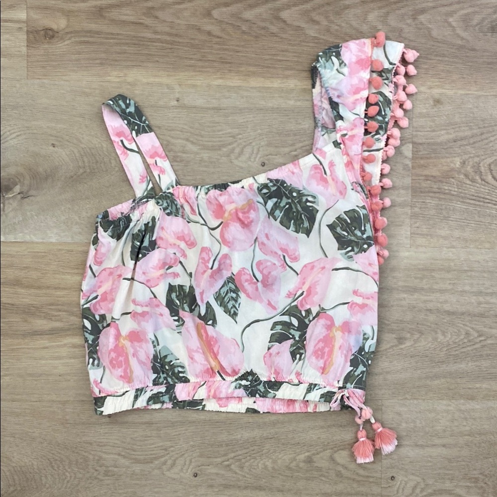 Floral One-Shoulder Top with Pom Poms